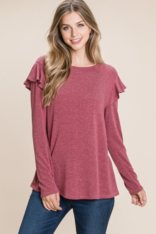 Rose French Terry Top w/Shoulder Ruffles