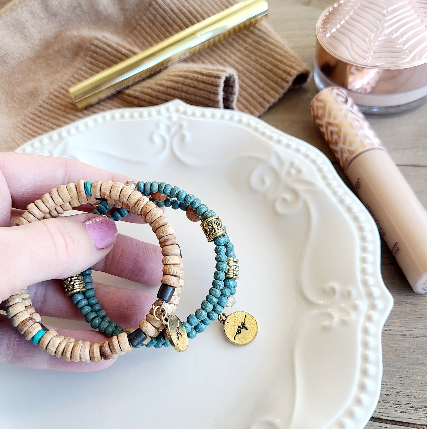 Wooden Beaded Bracelet with Charm