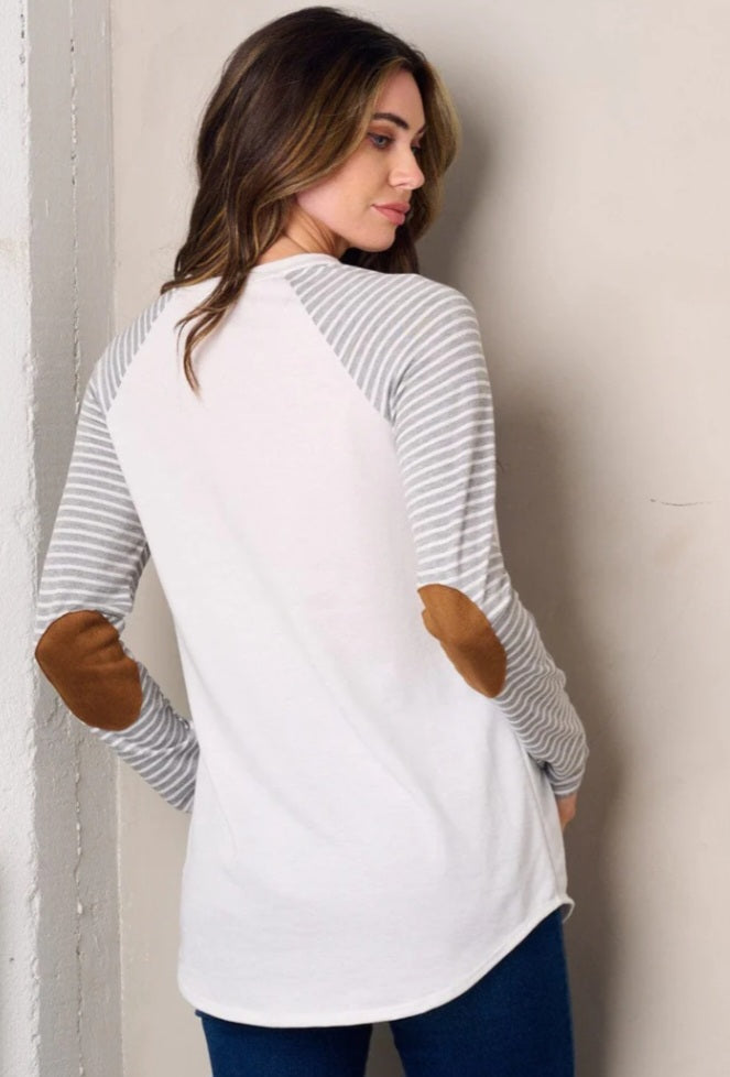 Ivory Elbow Patch Striped Tunic top