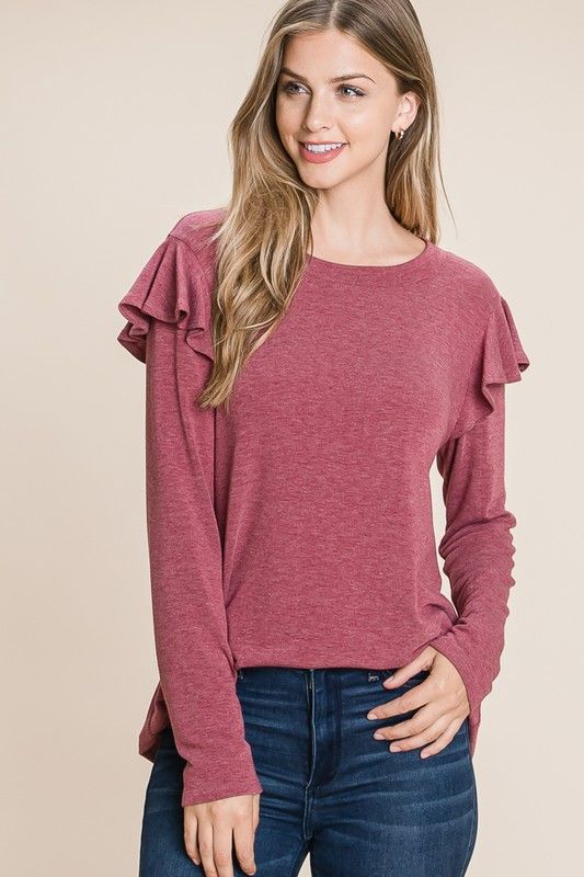Rose French Terry Top w/Shoulder Ruffles