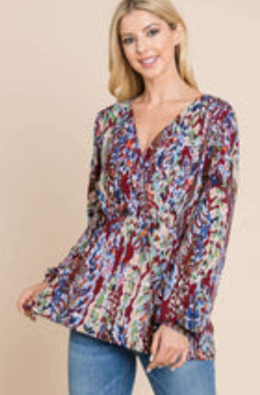 Abstract Floral Wrap Blouse