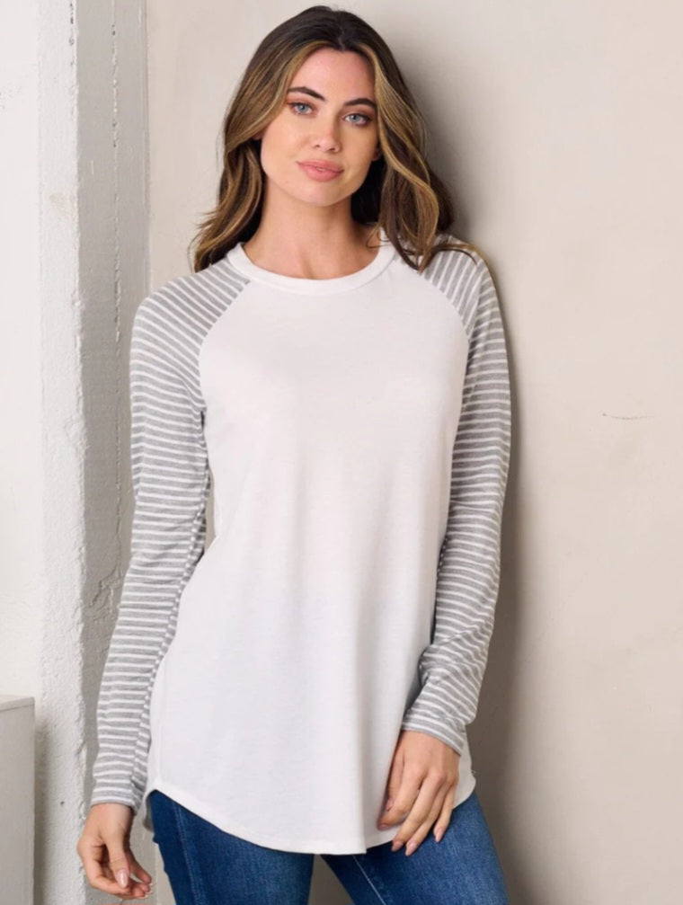 Ivory Elbow Patch Striped Tunic top