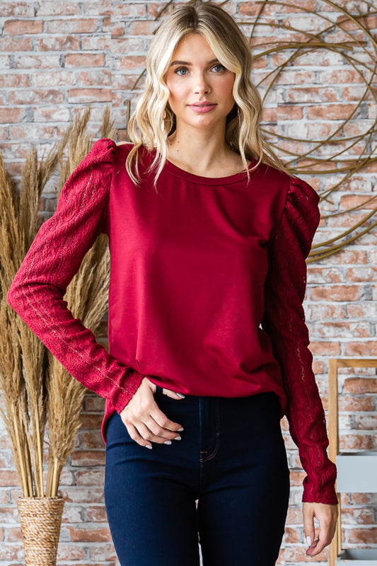 Burgundy French Terry Puff Sleeve Top