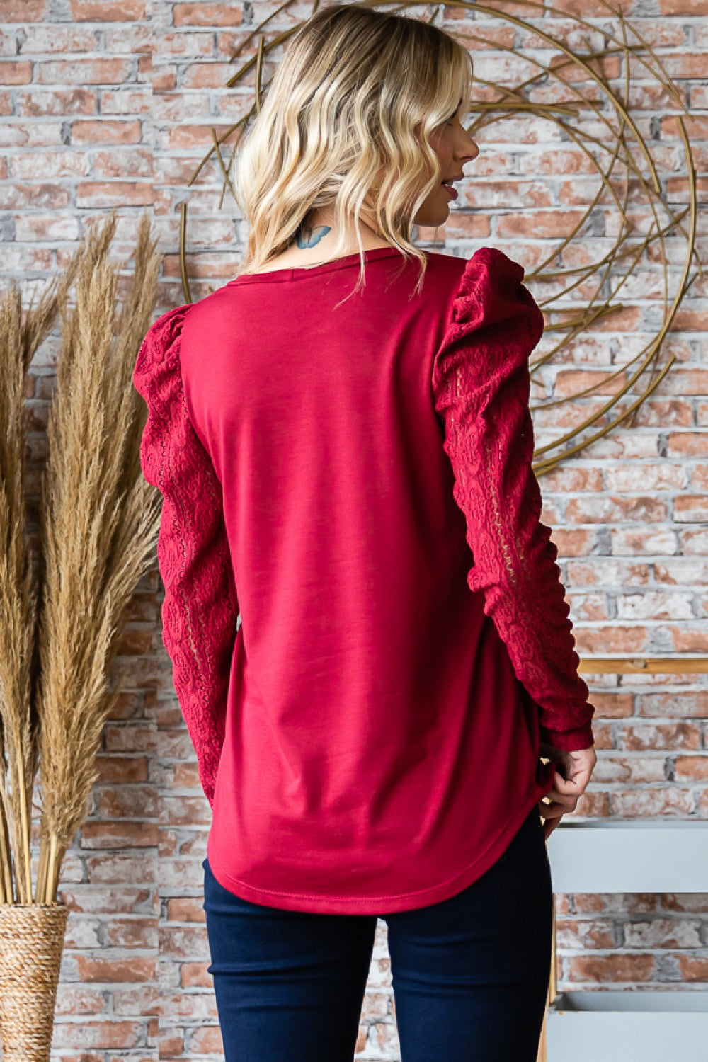 Burgundy French Terry Puff Sleeve Top