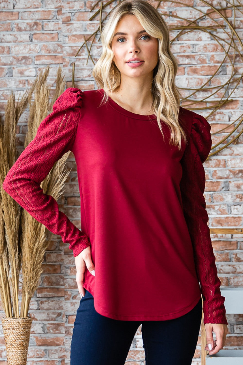 Burgundy French Terry Puff Sleeve Top